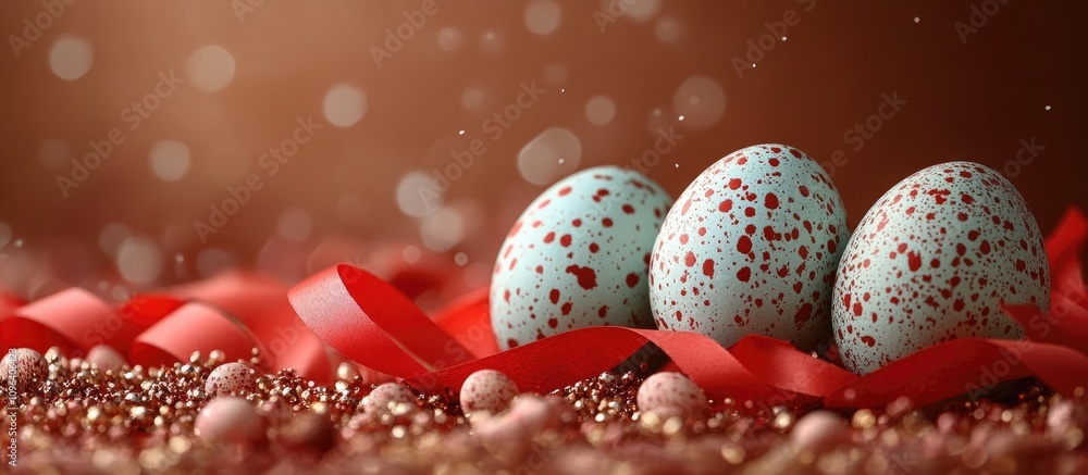 Poster festive easter eggs with red ribbon on a textured brown background creating a colorful and cheerful 