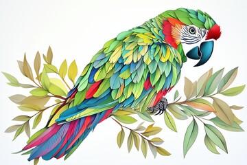 Fototapeta premium Tropical parrot perched on a branch with leaves