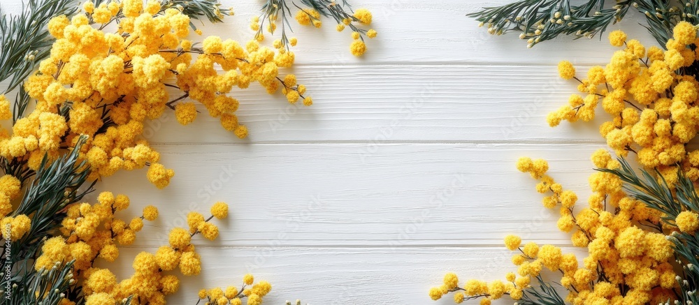 Poster mimosa flowers on white wooden background creating a spring greeting card template with space for te