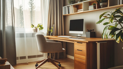 modern Mid-Century home office design featuring a stylish wooden desk with built-in storage, offering both functionality and elegance. The desk is paired with a sleek, comfortable office chair, 
