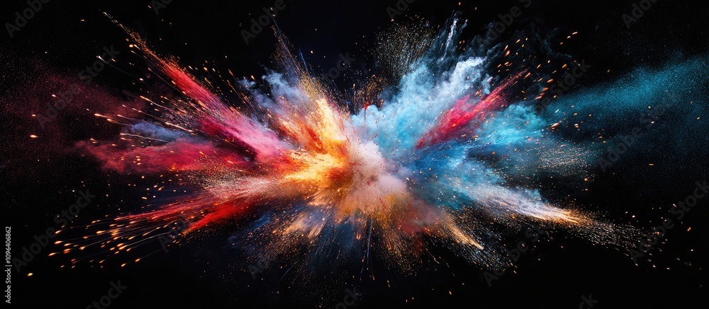 Poster colorful explosion of powder and smoke creating dynamic visual effect on black background