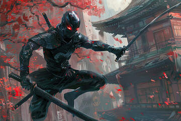 Japanese ninja warrior dressed in samurai clothes holding sharp sword