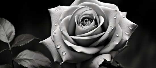 Monochrome close-up of a stunning rose flower with dew drops highlighting its delicate petals and intricate beauty.