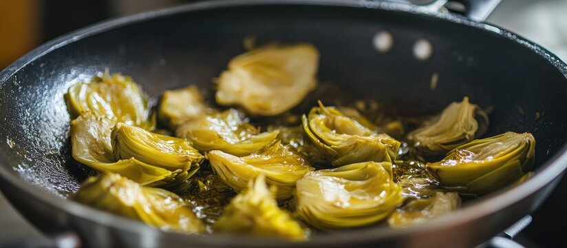 Sauteed artichokes with oil and lemon in a skillet promoting healthy cooking and wellness in culinary practices