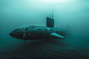 Beautiful large submarine floating in middle of ocean during mission