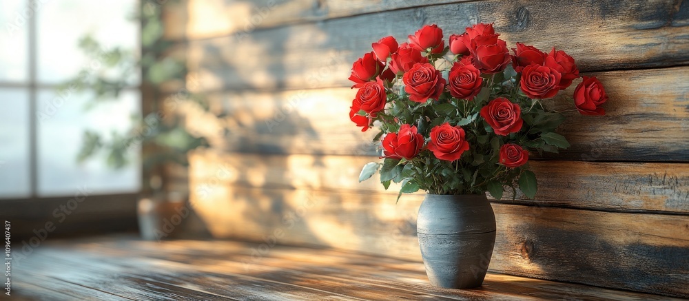 Poster red roses in a stylish vase on a rustic wooden table with soft natural light creating a warm and inv