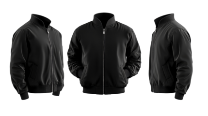 A sleek black jacket showcased from multiple angles, emphasizing its design and style.