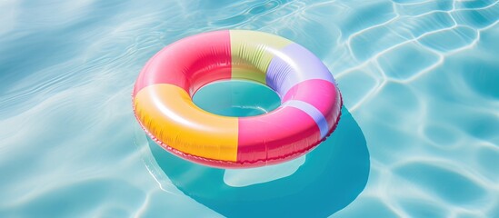 Obraz premium Colorful inflatable swim ring floating in crystal clear pool water on a bright summer day ideal for vacation and leisure themes