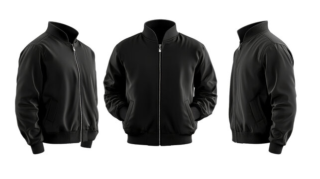 A sleek black jacket showcased from multiple angles, emphasizing its design and style.