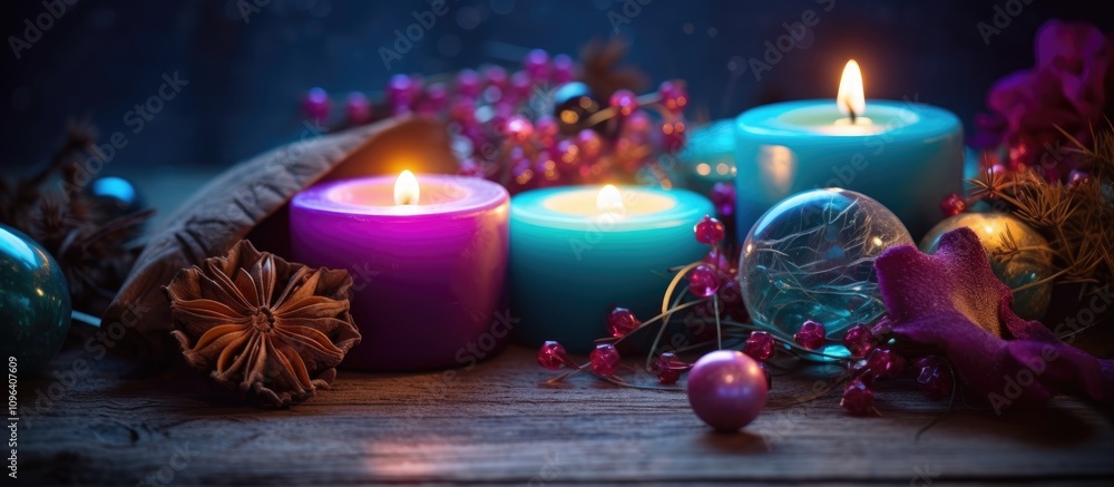 Poster serene candles and festive decorations on a rustic wooden table creating a warm and inviting atmosph