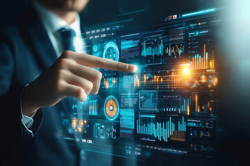 Fototapeta premium A safety manager using a digital dashboard to monitor real-time workforce safety metrics and risks, symbolizing innovation in workplace safety and risk management. 