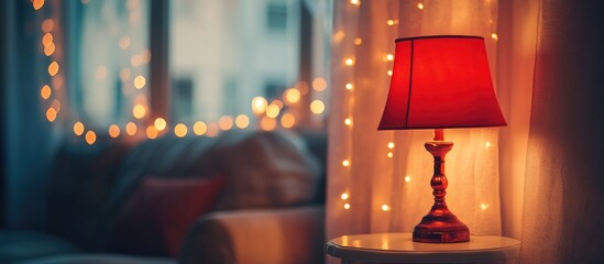 Vintage red lamp illuminated in a cozy living room with blurred fairy lights creating a warm festive atmosphere during holiday celebrations
