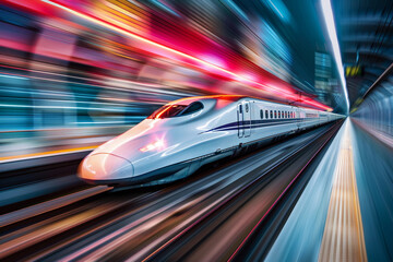 Fototapeta premium Modern high-speed train in fast motion passes through railway stations