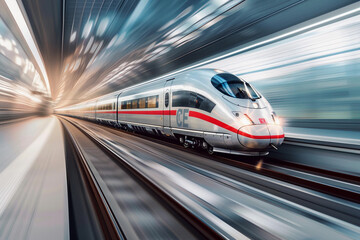 Fototapeta premium Modern high-speed train in fast motion passes through railway stations
