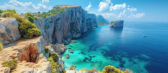 Naklejka premium Scenic Coastal Landscape of Gibraltar with Clear Blue Waters and Dramatic Cliffs Under a Bright Sky