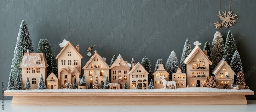 Poster wooden christmas advent calendar with illuminated houses and trees arranged in a festive display on 