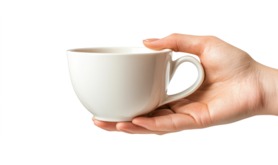 Hand holding coffee cup on white background