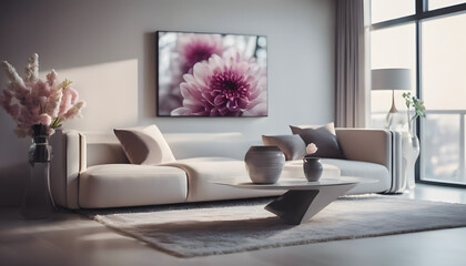 Modern living room interior with fireplace, featuring plush sofa, sleek furniture, and contemporary design elements