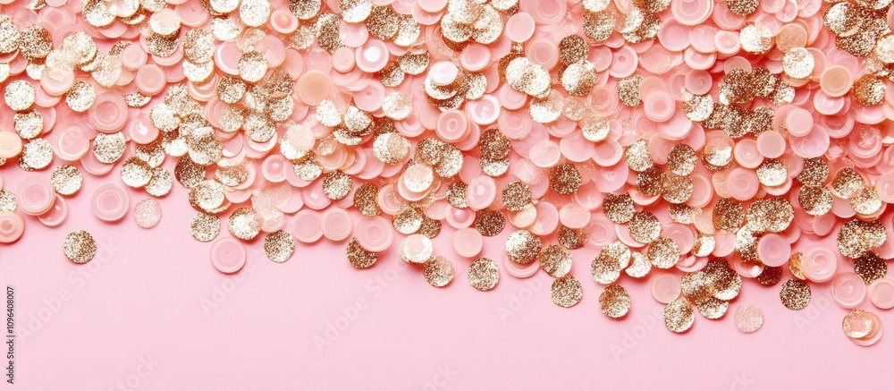 Poster golden sequins on pink pastel background flat lay with ample negative space for customizable text or