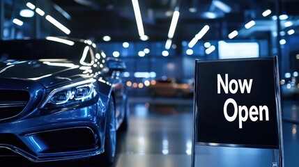 Modern Automotive Showroom with Luxury Car and Bright "Now Open" Sign Highlighting New Business Launch in Dynamic Urban Environment