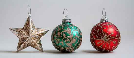 Elegant Christmas Ornaments Featuring Silver Star and Decorative Baubles in Red and Green for Holiday Decor and Festive Celebrations