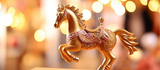 Fototapeta premium Decorative rocking horse figurine with warm bokeh lights ideal for festive tree ornaments and holiday home decor.