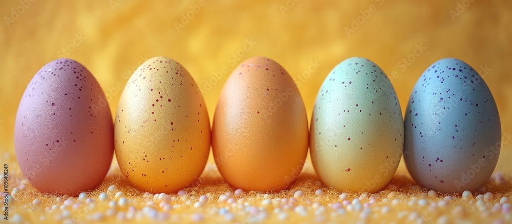 Poster pastel colored easter eggs arranged on a soft yellow background creating a minimalist and festive sp