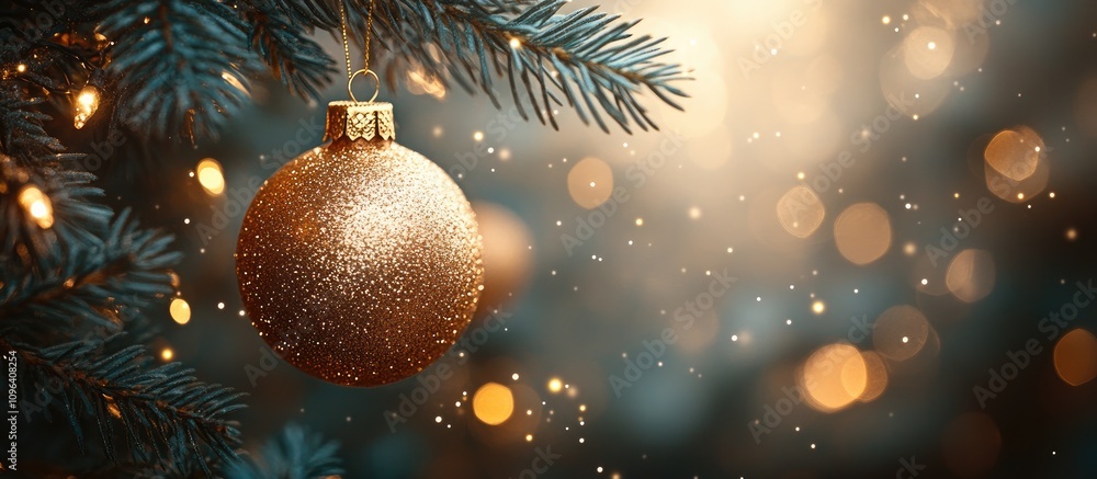 Poster gold glitter ornament hanging from fir branches illuminated by soft bokeh lights creating a festive 