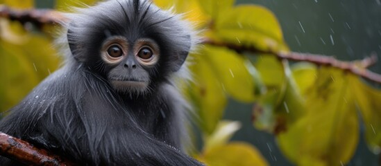 Obraz premium Dusky Leaf Monkey perched on a rain-soaked tree branch surrounded by lush green leaves in a tranquil rainforest setting
