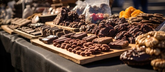 Chocolate Festival featuring an array of delicious treats including baked goods and dehydrated fruits in a vibrant market setting