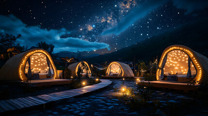 Enchanting Glamping Domes Illuminated Under a Starry Night Sky, Captured with Expert Focus Stacking Technique for Stunning Detail and Atmosphere.