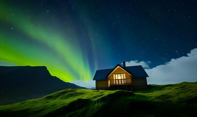 Small House on Hillside Under Vibrant Aurora Borealis Sky