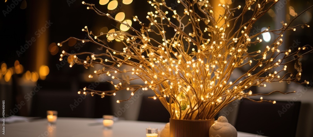 Poster elegant table centerpiece with illuminated branches and soft glowing lights creating a warm atmosphe