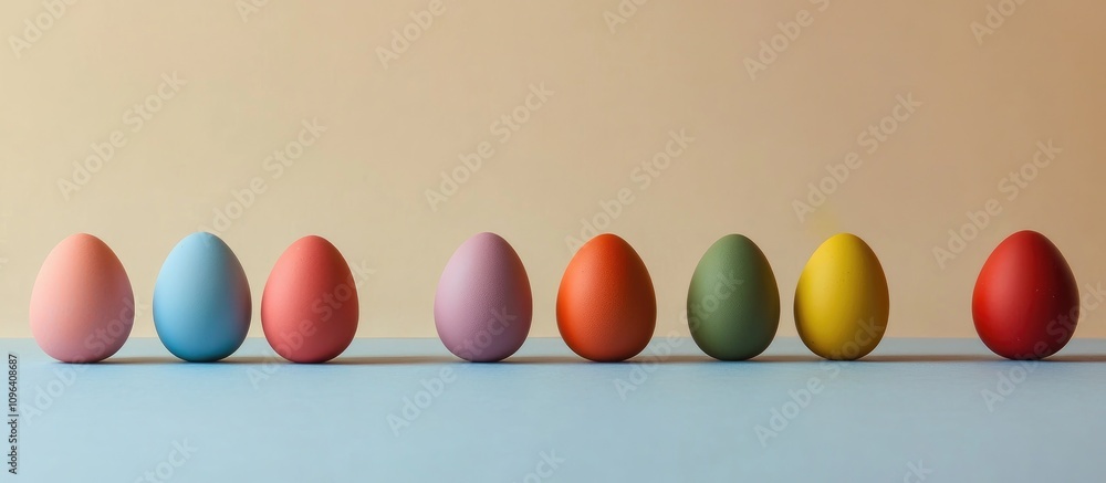 Poster vibrant easter eggs arranged in a row on a pastel colored table with soft lighting creating a festiv