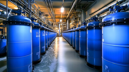 Fototapeta premium Industrial Blue Cylinders in a Processing Plant