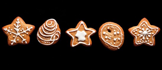 Homemade gingerbread cookies in various shapes with sugar glaze on black background perfect for holiday-themed designs and advertisements