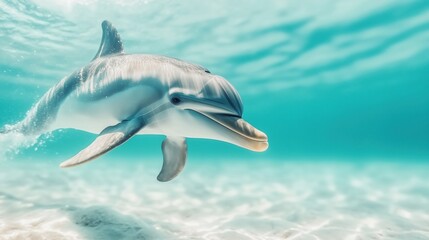 Fototapeta premium Single bottlenose dolphin underwater in clear turquoise ocean. Close-up portrait of marine mammal swimming gracefully with sunlight filtering through water surface. 8k