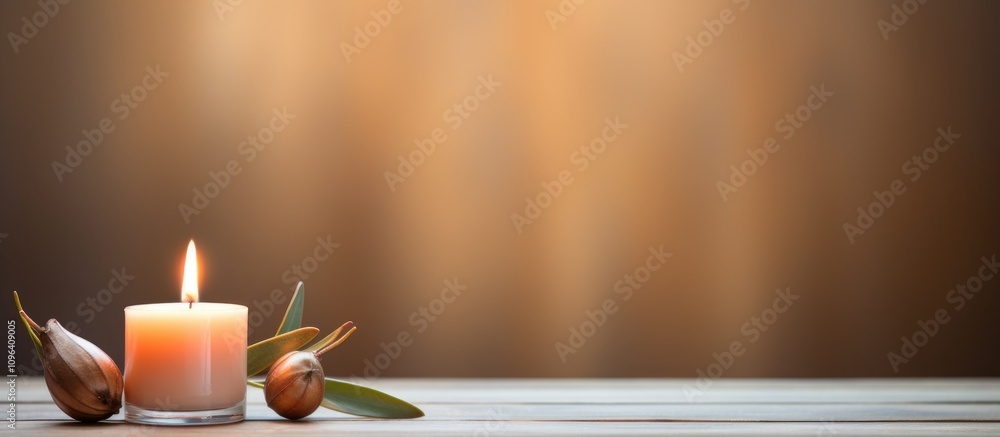 Aufkleber candle and tree bud on wooden table with warm blurred background creating a serene and calming ambia