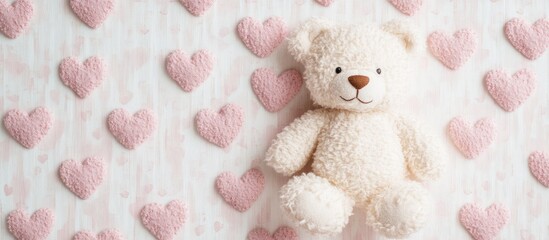 Fototapeta premium Teddy bear surrounded by pink hearts on a soft backdrop symbolizing love and affection perfect for romantic themes and story illustrations
