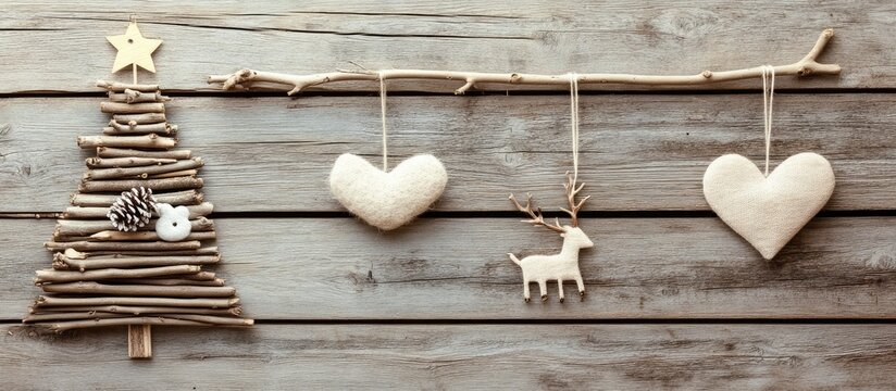 Handcrafted Christmas tree made of twigs and driftwood adorned with felt hearts and wooden reindeer on a rustic wooden backdrop - Powered by Adobe