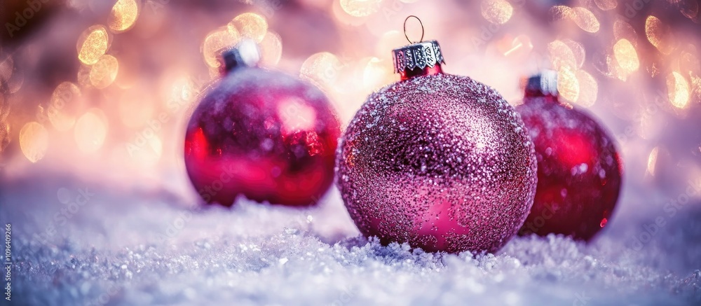 Poster close up of shimmering christmas ornaments with vibrant bokeh lights in the background creating a fe