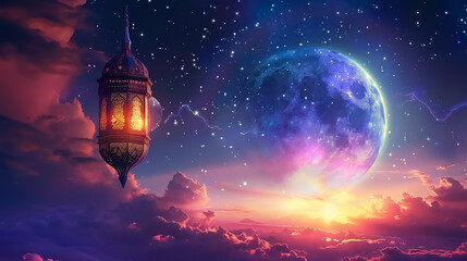 Obraz premium Eid Mubarak Greeting Card: A card for Eid-Ul-Adha featuring an Arabic Ramadan lantern on a wooden table, with a crescent moon and stars for Muslim holidays.