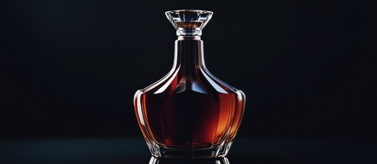 Elegant cognac decanter illuminated against a sophisticated black background showcasing its rich amber color and intricate design