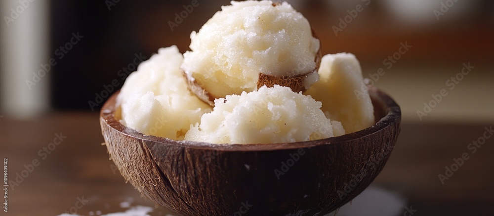 Poster coconut ice dessert served in a rustic coconut shell bowl on a wooden table with a blurred backgroun