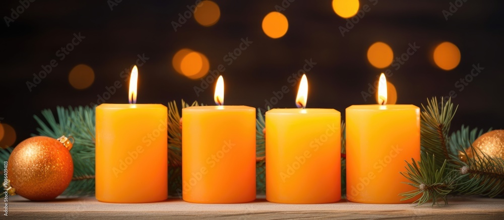 Poster advent candle arrangement with four lit orange candles surrounded by evergreen branches on a rustic 
