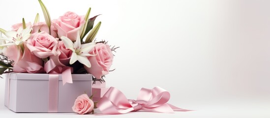 Elegant flower bouquet with pink roses and a gift box adorned with ribbons on a neutral white background for special occasions.