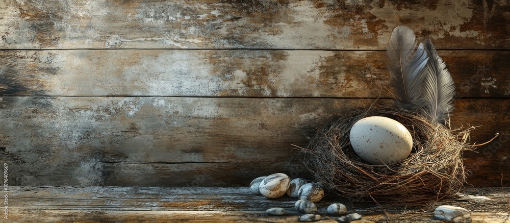 Poster easter decoration with an egg nest and feathers on a rustic wooden background providing ample space 