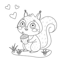 Cute squirrel with an acorn doodle style. Hand drawn Lovely forest animal coloring page. Pet character black and white coloring book, art therapy, line art. Vector illustration