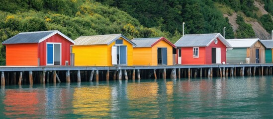 Colorful coastal huts on a wooden pier with serene waters and lush greenery in the background...