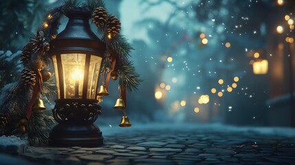 Obraz premium Enchanting lantern amidst snowflakes and festive decorations